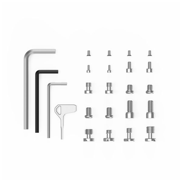 SmallRig-3184-2 The SmallRig 3184 Screw & Hex Key Storage Plate contains three hex wrenches, a key-shaped tool and sixteen different screws and bolts neatly arranged on a white background.