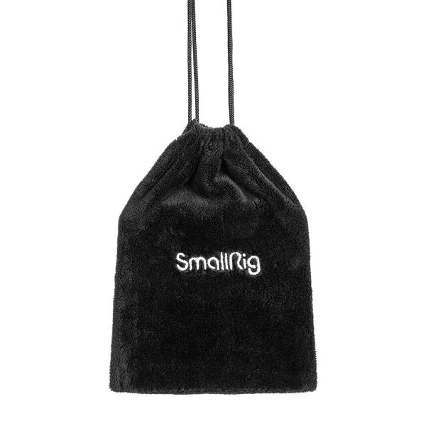 SmallRig-3184-5 Black drawstring bag with soft, cushy texture and white SmallRig lettering on front, designed to hold the SmallRig 3184 Screw & Hex Key Storage Plate and hex key storage plate, shown against a white background.