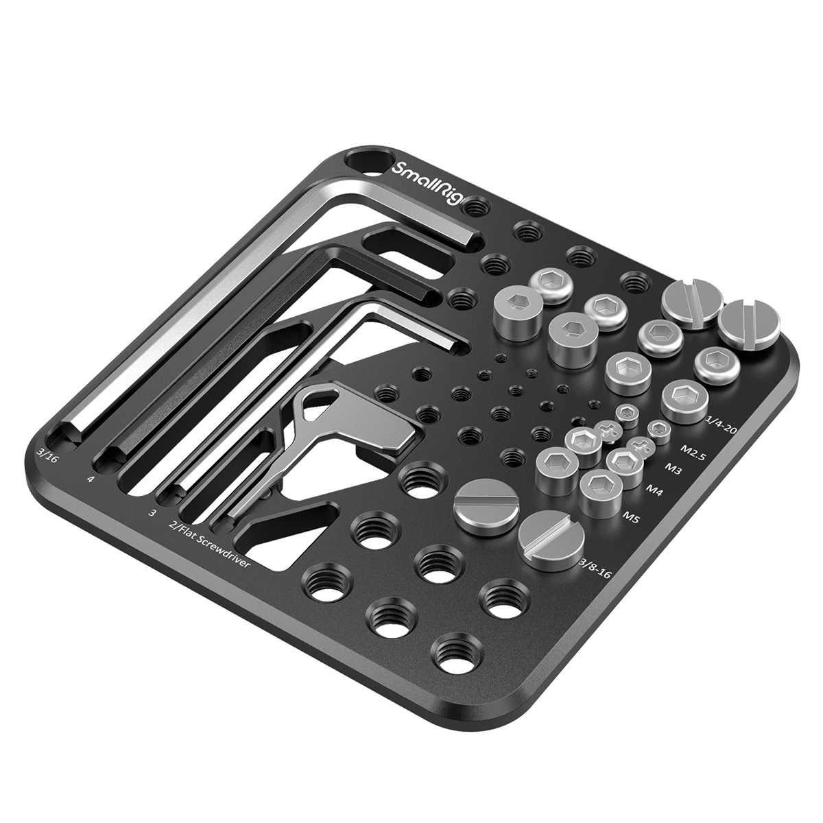 The SmallRig 3184 Screw & Hex Key Storage Plate is a black metal storage plate with marked slots for hex keys and silver screwdrivers, and a variety of holes to organize other items in the square base.