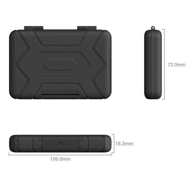 The SmallRig 3192 memory card case is black, rectangular and is visible from the front, side and top. It features a textured design with rounded edges and measures 106.0 mm wide, 72.0 mm high and 18.3 mm thick.