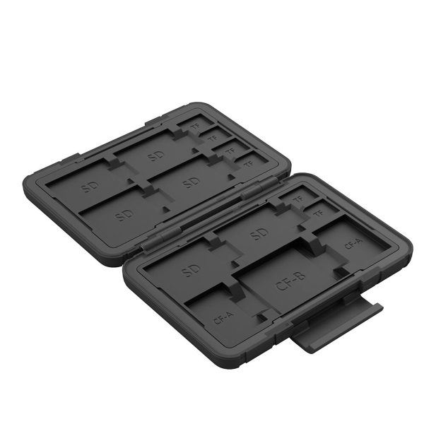 The SmallRig 3192 memory card case is a black hard shell case with hinged lid and secure lock. When opened, it reveals a series of marked slots for SD, microSD (TF) and CF cards, keeping memory cards organised and protected.