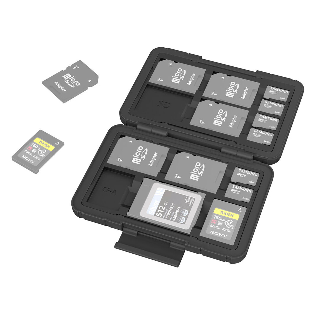 The SmallRig 3192 memory card holder, black, securely holds multiple SD and microSD cards, including marked Samsung and Sony cards. Two cards are visible outside the open case on a white background.
