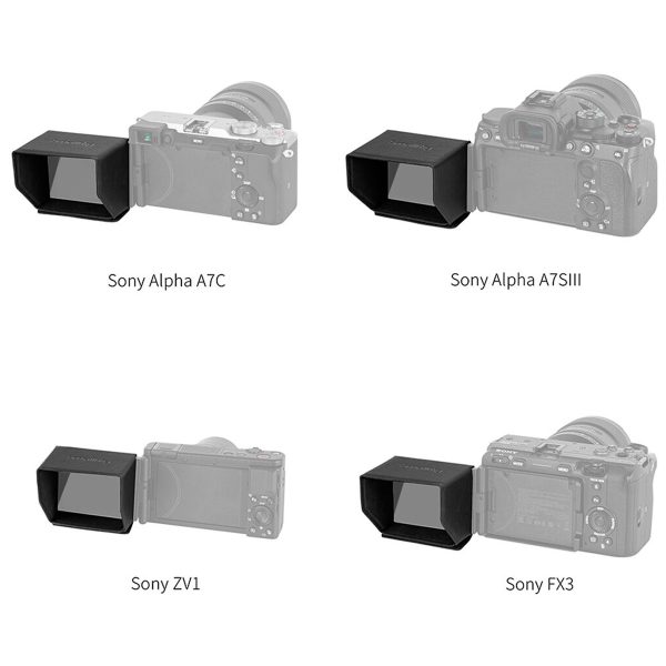 Neljässä harmaasävykuvassa on Sony A7C-, A7SIII-, ZV1- ja FX3-kamerat, joissa jokaisessa on SmallRig 3206 -aurinkosuoja valkoisella pohjalla.