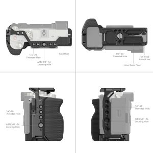 Neljä teknistä kuvaa esittelee SmallRig 3212 Cage with Side Handle for Sony A7C -mallin etu-, taka-, ylä- ja alareunanäkymät, joissa on merkitty kiinnityskohdat, ruuvinreiät, tarvikeaukot ja ARRI/Arca-Swiss-levyjen yhteensopivuus.