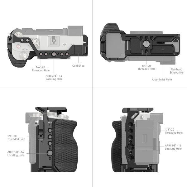 Neljä teknistä kuvaa esittelee SmallRig 3212 Cage with Side Handle for Sony A7C -mallin etu-, taka-, ylä- ja alareunanäkymät, joissa on merkitty kiinnityskohdat, ruuvinreiät, tarvikeaukot ja ARRI/Arca-Swiss-levyjen yhteensopivuus.