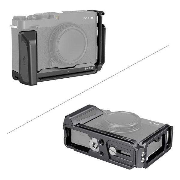 SmallRig 3231 L-kiinnike Fujifilm X-E4:lle näkyy kahdessa kuvakulmassa kiinnitettynä kameraan ja yksinään, jolloin sen musta metallirakenne, suojaava muotoilu ja monipuoliset kiinnitysominaisuudet korostuvat.
