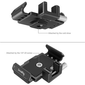 Kahdessa kaaviossa on SmallRig 3272 T5/T7 SSD Mount BMPCC 6K Pro:lle. Yläkuvassa on kylmäkenkäkiinnitys ja alakuvassa 1/4-20 ruuvikiinnitys. Molemmissa on sivu- ja kulmanäkymät kiinnikkeestä.