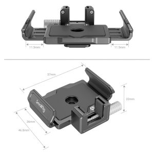 Kaksi näkymää SmallRig 3272 T5/T7 SSD Mount for BMPCC 6K Pro -kiinnikkeestä, joissa näkyvät merkityt mitat: ylhäältä katsottuna leveys on 57 mm 11,5 mm:n säädettävillä sivukiinnikkeillä; sivulta katsottuna mitat ovat 36 mm, 46,8 mm ja 22 mm ruuvinupin kanssa.