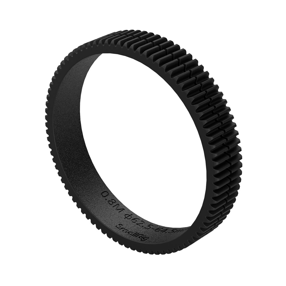 SmallRig 3291 Focus Gear Ring Seamless 62,5-64,5 mm on musta, pyöreä rengas, jossa on tasaisin välein olevat hampaat ulkoreunalla, kuvattuna kulmassa valkoista taustaa vasten.