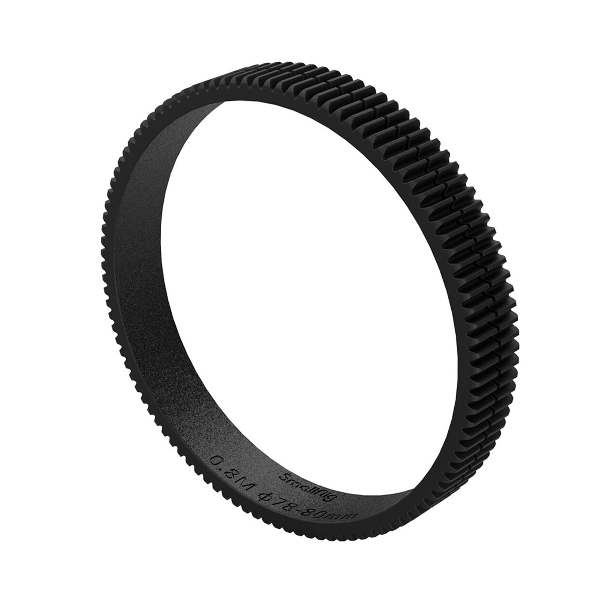 SmallRig 3295 Focus Gear Ring Seamless 78-80mm on musta, pyöreä rengas, jossa on tasaisin välimatkoin olevat ulommat hampaat ja sileä sisäreuna, jossa on määrämerkinnät valkoisella pohjalla.