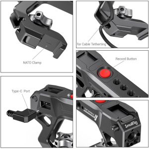 Kollaasi lähikuvista, joissa näkyy SmallRig 3322 NATO Top Handle with Start/Stop Remote Trigger -laukaisimella varustetun SmallRig 3322 NATO Top Handle -laitteen ominaisuudet, mukaan lukien NATO-kiinnike, kaapelin kiinnityspaikka, tallennuspainike, Type-C-portti ja SmallRig-brändi.