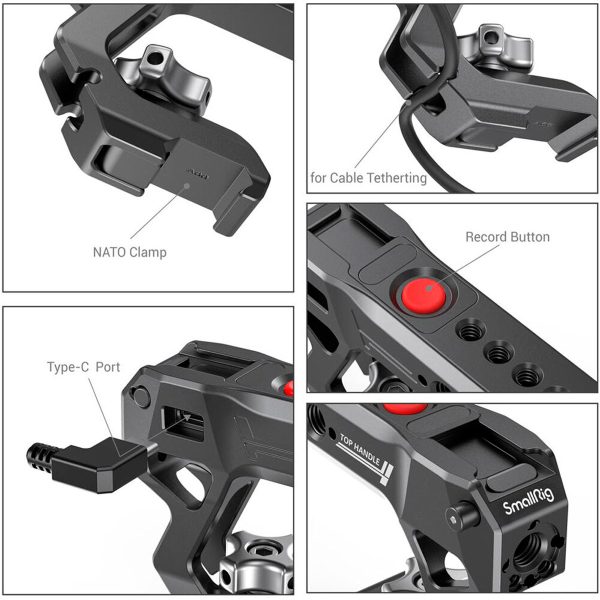 Kollaasi lähikuvista, joissa näkyy SmallRig 3322 NATO Top Handle with Start/Stop Remote Trigger -laukaisimella varustetun SmallRig 3322 NATO Top Handle -laitteen ominaisuudet, mukaan lukien NATO-kiinnike, kaapelin kiinnityspaikka, tallennuspainike, Type-C-portti ja SmallRig-brändi.