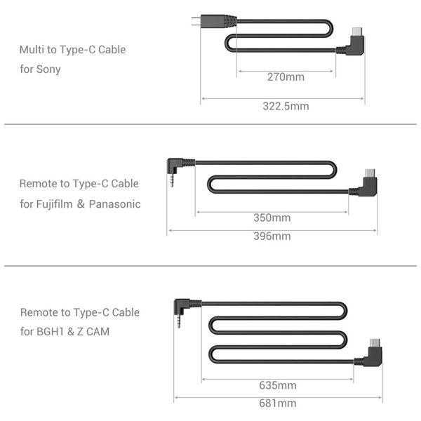 Kaavio kolmesta SmallRig 3322 NATO Top Handle with Start/Stop Remote Trigger Type-C -kaapelista kameroille, jotka on merkitty Sony-, Fujifilm- ja Panasonic- sekä BGH1- ja Z CAM-kameroille, sekä kokonaispituus- ja suorat pituusmitat.
