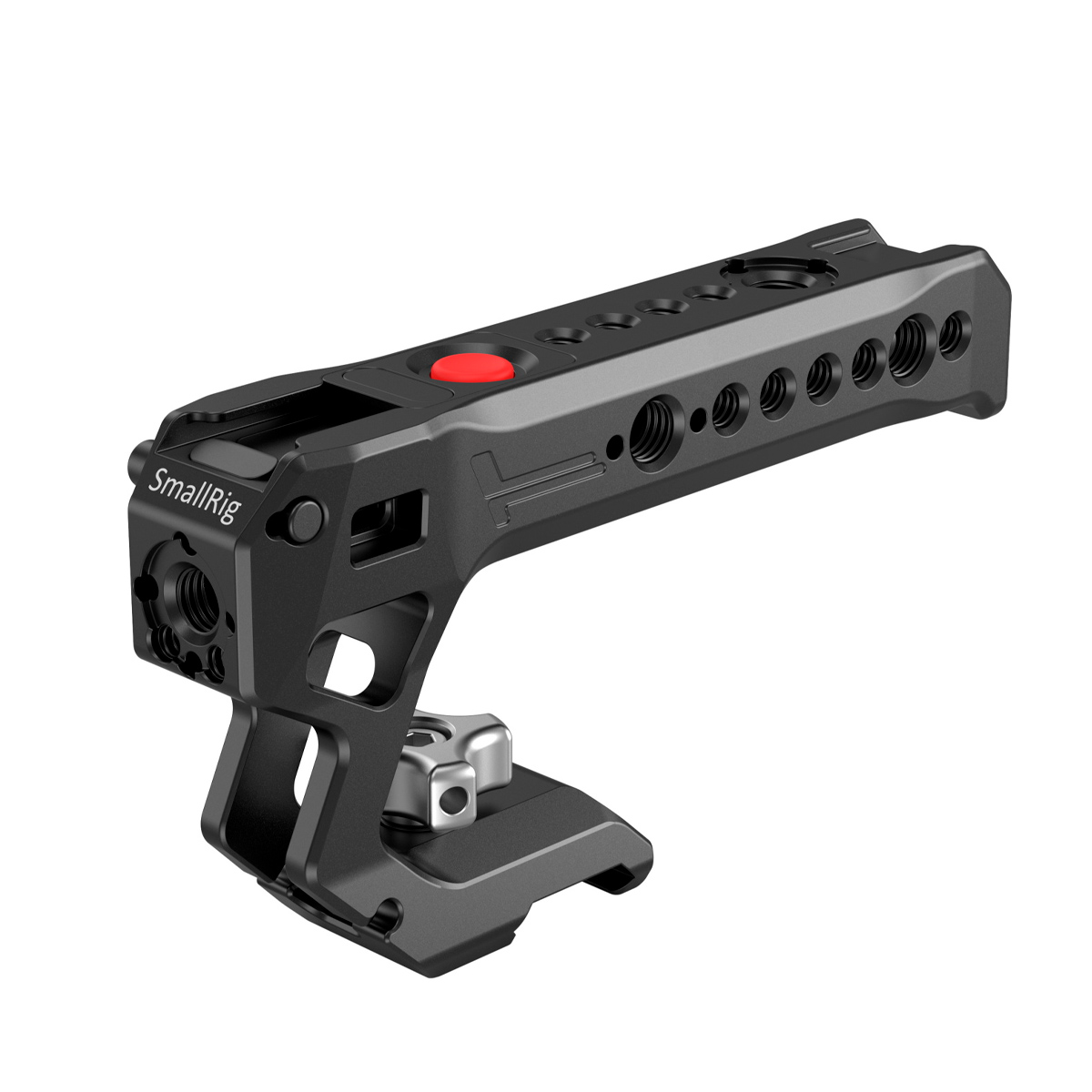 SmallRig-3322 SmallRig 3322 NATO Top Handle with Start/Stop Remote Trigger on musta metallinen kameran lisävaruste, jossa on useita kiinnitysreikiä, ergonominen kahva ja punainen painike kauko-ohjausta varten, ja joka on suunniteltu kiinnitettäväksi kamerarigiin.