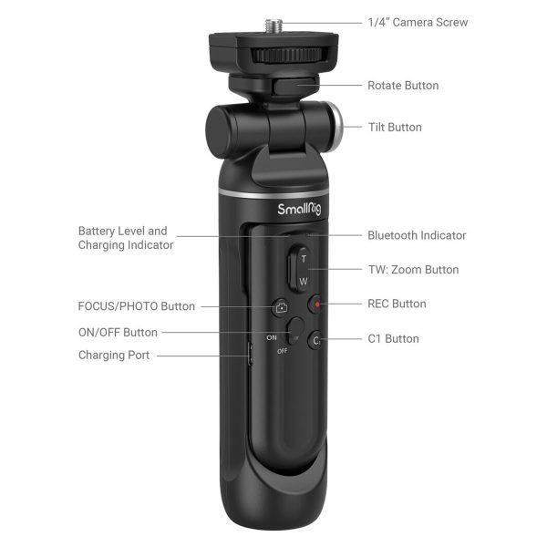 SmallRig 3326 SR-RG1 Wireless Shooting Gripin merkityssä kaaviossa näkyvät osat, kuten 1/4 tuuman kameraruuvi, pyöritys- ja kallistuspainikkeet, Bluetooth-ilmaisin, zoomaus, tallennus, C1, tarkennus/kuvaus, on/off-painikkeet, latausliitäntä ja akun ilmaisin.