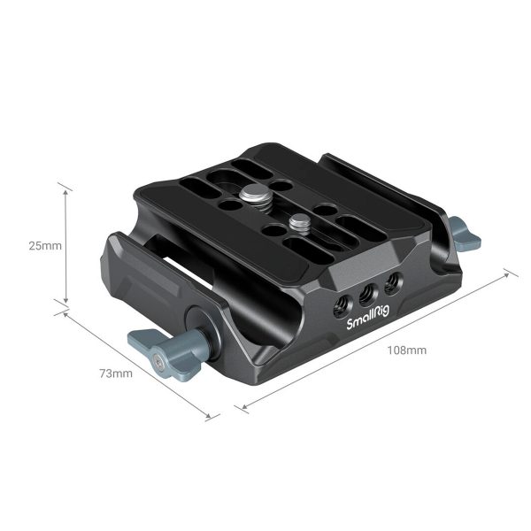 SmallRig 3357 Universal LWS Baseplate with Dual 15mm Rod Clamp is a black camera mounting plate (25mm height x 73mm width x 108mm length) with multiple screw holes and two blue locking levers on the sides.