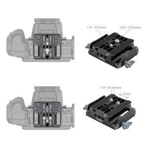 Diagram showing the SmallRig 3357 Universal LWS Baseplate with Dual 15mm Rod Clamp attached to the camera from two angles. Enlarged views highlight the sizes of the screws: side control knobs visible.
