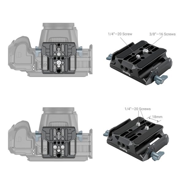 Diagram showing the SmallRig 3357 Universal LWS Baseplate with Dual 15mm Rod Clamp attached to the camera from two angles. Enlarged views highlight the sizes of the screws: side control knobs visible.