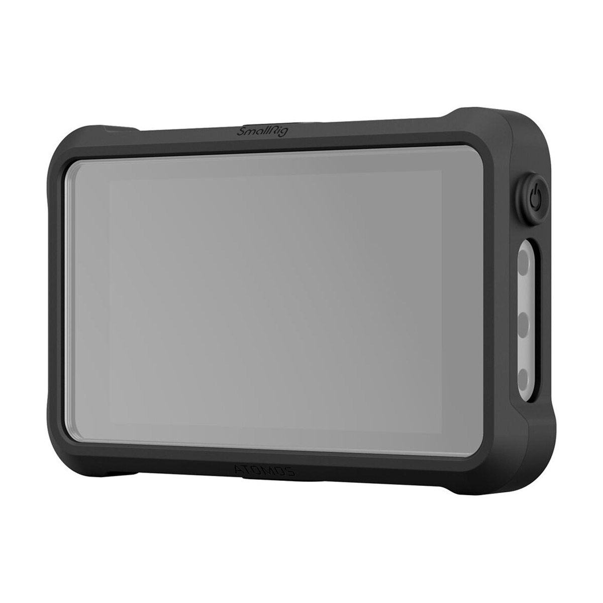SmallRig 3448 Silicon Case Kit for Atomos Ninja V Series on suorakulmainen elektroniikkalaite, jossa on suuri näyttö, kestävä musta piikehys, virtanäppäin ja kaksi oikeanpuoleista porttia.