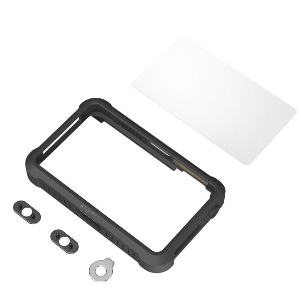 The SmallRig 3448 Silicon Case Kit for the Atomos Ninja V series includes a black protective frame, a clear rectangular screen protector, three small mounting brackets and a round silver key with a white background.