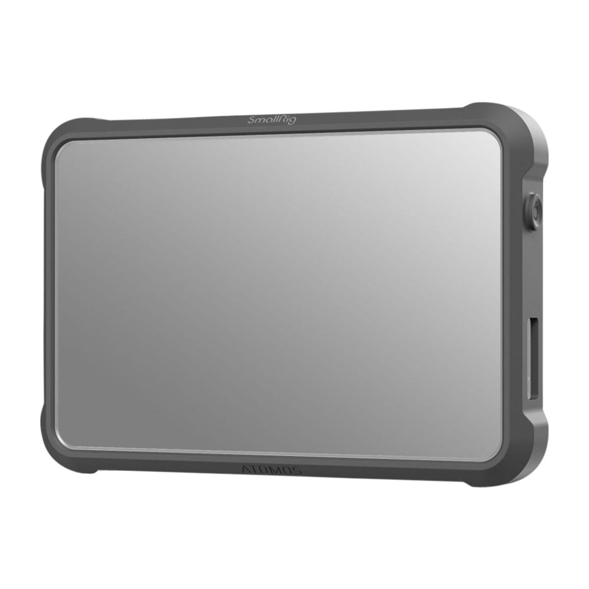 SmallRig 3454 Silicon Case Kit Atomos Shinobi 7:lle on harmaa, suorakulmainen kotelo, jossa on pyöristetyt kulmat ja sileä pinta valkoista taustaa vasten.