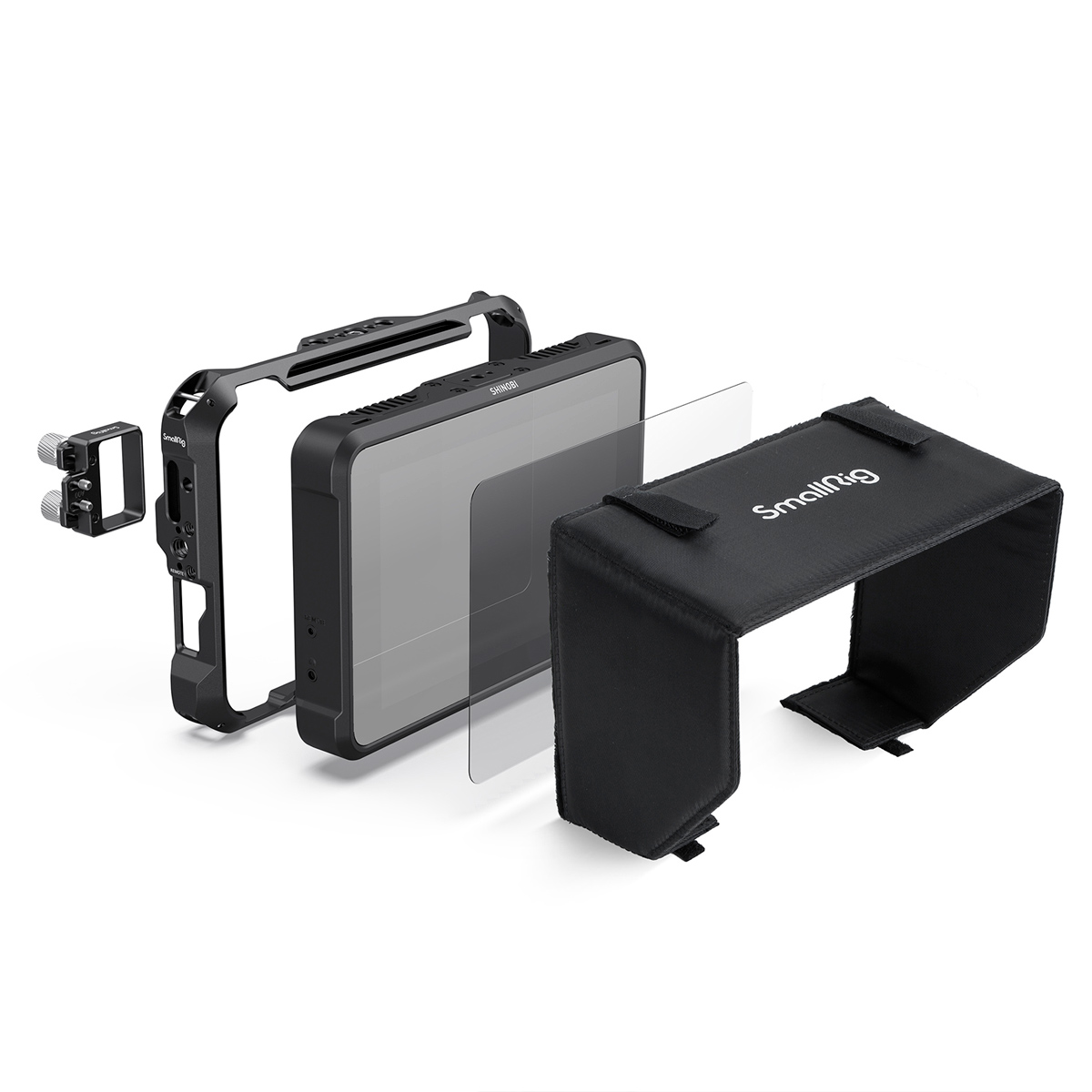 SmallRig 3456 Monitor Cage Kit for Atomos Shinobi 7 -monitorihäkkipakkaus esitetään purettuna valkoisella pohjalla, ja siinä on häkki, näytön näyttö, lasinen näytönsuoja, kiinnitystarvikkeet ja musta aurinkosuoja, jossa on merkintä SmallHD.