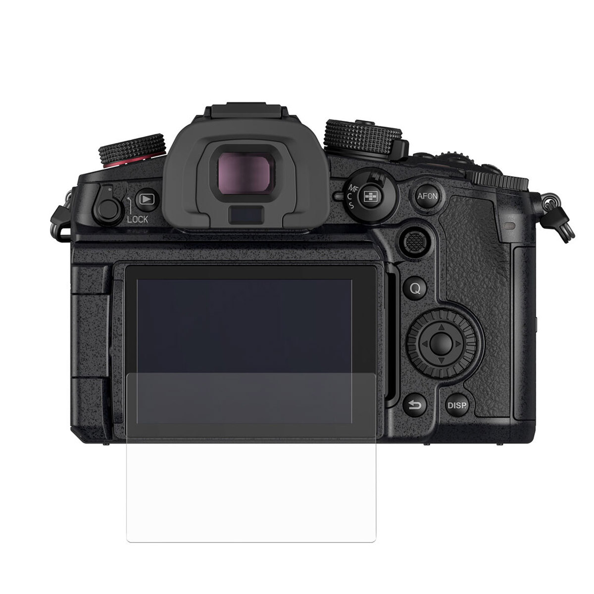 Panasonic Lumix GH6 -kameran takanäkymä, jossa LCD-näyttö on kallistettu ulospäin ja jossa on SmallRig 3461 -näytönsuoja; eri ohjauspainikkeet, valitsimet ja elektroninen etsin ovat näkyvissä.