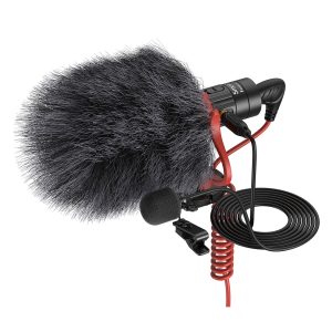 The SmallRig 3468 Forevala S20 On-Camera Microphone is a compact black microphone with a large hairy windscreen, red shock mount, red coiled cable and attached small clip-on microphone, all on a white background.