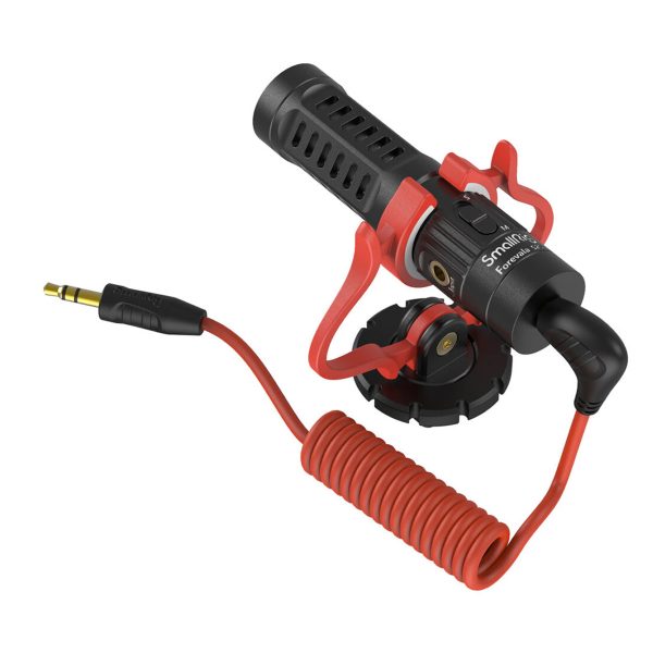 The SmallRig 3468 Forevala S20 camera microphone features a compact design, a black and red shock mount, an attached coiled audio cable and a 3.5mm plug for cameras and mobile devices.