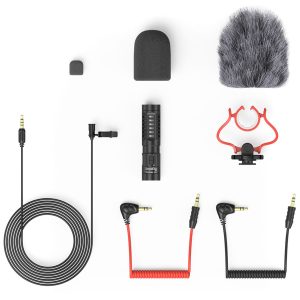SmallRig 3468 Forevala S20 On-Camera Microphone kit, with microphone, foam and furry windscreens, lap microphone, cables, shock absorber and adapters neatly arranged on a white background.