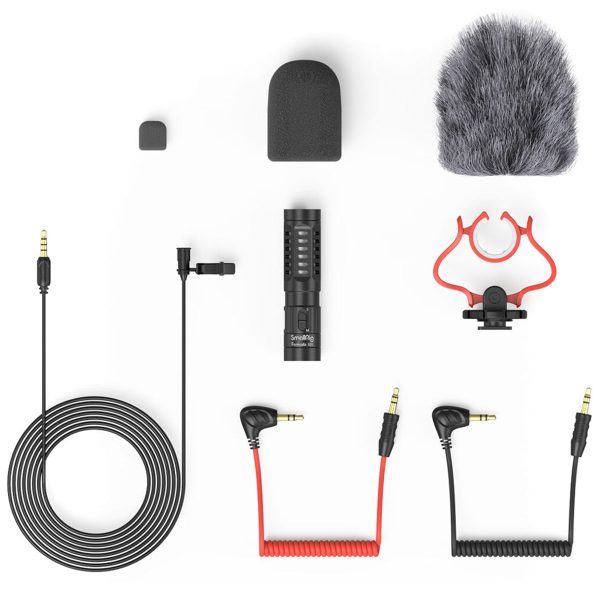 SmallRig 3468 Forevala S20 On-Camera Microphone kit, with microphone, foam and furry windscreens, lap microphone, cables, shock absorber and adapters neatly arranged on a white background.