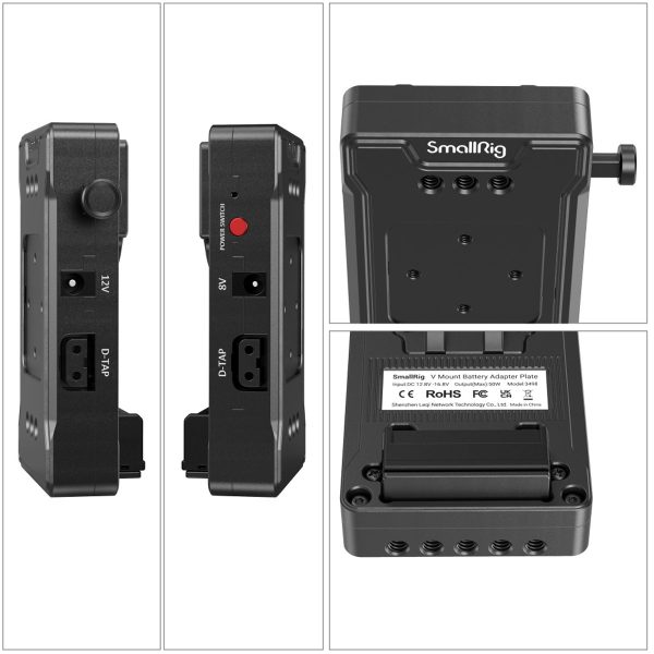 Neljä näkymää SmallRig 3498 V-Mount Battery Adapter Plate with Dual Rod Clamp -levystä, musta, jossa näkyvät sen sivut, etuosa, takaosa ja alapuoli sekä näkyvät portit, kiinnitysruuvit ja tuoteseloste.