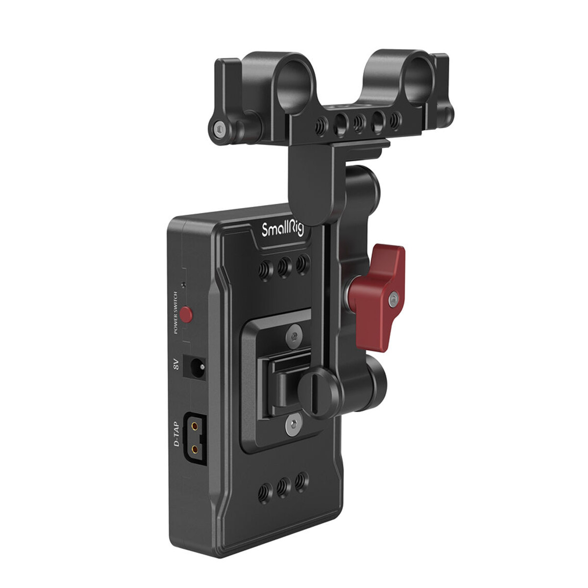 SmallRig 3499 V-Mount Battery Adapter Plate with Dual Rod Clamp and Extension Arm on metallinen kameran lisävaruste, jossa on kiinnityskorvakkeet, punainen kiristysnuppi, useita ruuvinreikiä ja D-Tap-portit kameravarusteiden virransyöttöä varten.