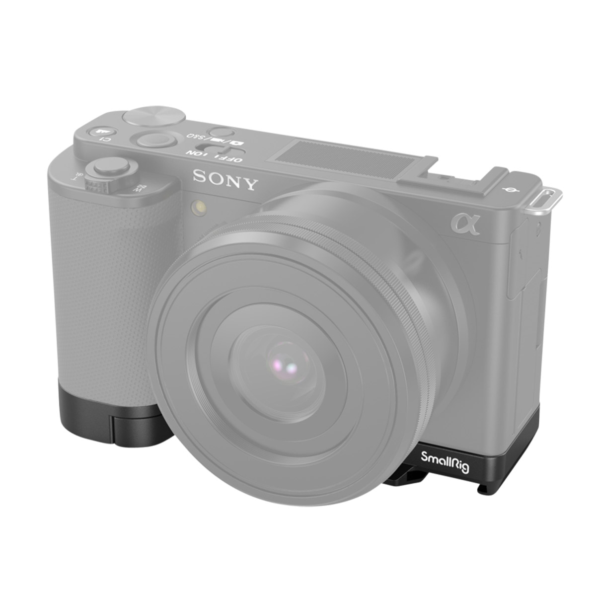 Musta SmallRig 3523 Extension Grip for Sony ZV-E10 -laajennuskahva kiinnitetään Sony Alpha -peilittömän kameran pohjaan, mikä parantaa ergonomiaa ja vakautta.