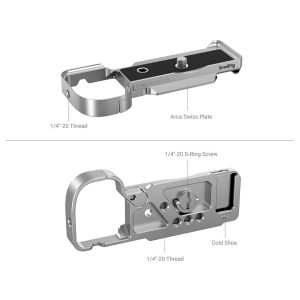 SmallRig 3524 Extension Grip for Sony ZV-E10 Silver -laajennuskahva Sony ZV-E10 Silver sisältää merkittyjä osia, kuten Arca Swiss -levyn, 1/4-20-kierteen, D-rengasruuvin ja kylmäkengän; ylä- ja alareunan näkymät näkyvät.