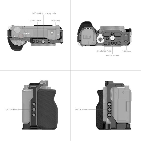 Ylä-, sivu- ja takanäkymät SmallRig 3538 Cage with Grip for Sony ZV-E10 -kameran häkistä, jossa näkyvät 1/4-20- ja 3/8-16-kierteiden, kylmäkenkäkiinnikkeiden ja sisäänrakennetun Arca Swiss -levyn merkityt paikat.