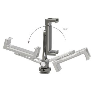 SmallRig 3559 -monitoimisessa metallisessa yleismallisessa älypuhelimen pidikkeessä on säädettävä varsi, joka kääntyy 180 astetta, kuten kuvassa näkyy nuolilla, jotka osoittavat sen liikkeen eri asennoissa.