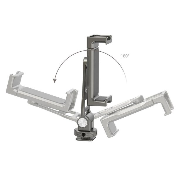 SmallRig 3559 -monitoimisessa metallisessa yleismallisessa älypuhelimen pidikkeessä on säädettävä varsi, joka kääntyy 180 astetta, kuten kuvassa näkyy nuolilla, jotka osoittavat sen liikkeen eri asennoissa.