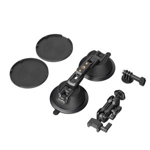 SmallRig 3566 Portable Dual Suction Cup with Camera Mount SC-2K sisältää kaksi mustaa imupohjaa, kaksi pyöreää kantta, kiinnitysvarren ja ruuvikiinnikkeen, jotka kaikki näkyvät valkoisella pohjalla.