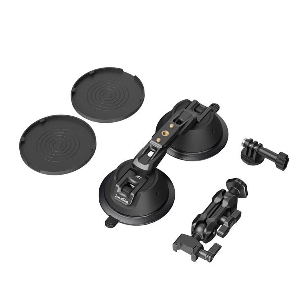 SmallRig 3566 Portable Dual Suction Cup with Camera Mount SC-2K sisältää kaksi mustaa imupohjaa, kaksi pyöreää kantta, kiinnitysvarren ja ruuvikiinnikkeen, jotka kaikki näkyvät valkoisella pohjalla.