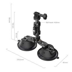 SmallRig 3566 Portable Dual Suction Cup with Camera Mount SC-2K sisältää säädettävät 20 mm:n kuulapäitä, sen leveys on 218,8 mm, korkeus 186 mm ja syvyys 85 mm. Sen varressa on 52mm ja 160mm segmentit joustavaa asemointia varten.