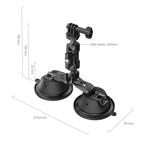 SmallRig 3566 Portable Dual Suction Cup with Camera Mount SC-2K sisältää säädettävät 20 mm:n kuulapäitä, sen leveys on 218,8 mm, korkeus 186 mm ja syvyys 85 mm. Sen varressa on 52mm ja 160mm segmentit joustavaa asemointia varten.