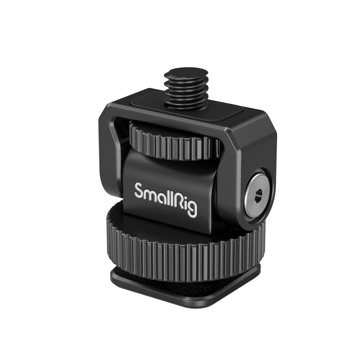 SmallRig 3577 -sovitin on musta mini-kylmäkenkäkiinnike, jossa on nuppi, 1/4"-20-ruuvi ja kylmäkenkäjalusta kameran tai jalustan kiinnittämistä varten.