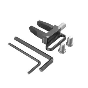 SmallRig 3637 HDMI-kaapelipuristin valituille kamerahäkeille sisältää mustan puristimen, kaksi L-muotoista kuusiokoloavainta ja kaksi hopeaa ruuvia, jotka on järjestetty siististi valkoisella pohjalla.