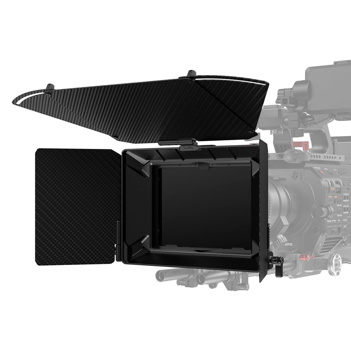 SmallRig 3641 Lightweight Multifunctional Modular Matte Box 114mm Basic Kit, jossa on ylä- ja sivuliput, on kiinnitetty ammattimaisen videokameran taustalle, joka estää ei-toivotun valon objektiivista.