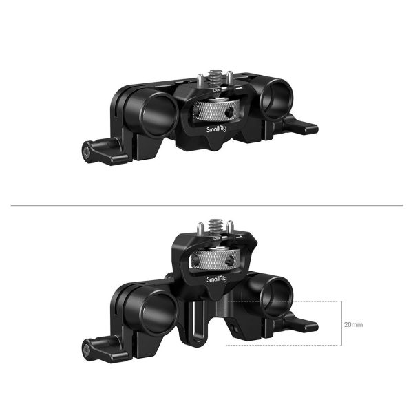 Kaksi näkymää SmallRig 3652 Dual Rod Supportista mustassa metallissa; pohjanäkymässä näkyy 20 mm:n rako toisella puolella. Lisävarusteessa on kiinnityspisteet ja yläreunan ruuvi.