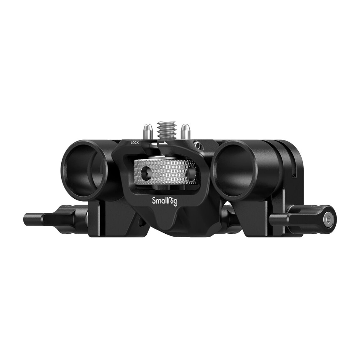 SmallRig 3652 Dual Rod Support on musta kameran lisävaruste, jossa on kaksi sauvakiinnikettä, lukitusvivut ja hopeinen yläruuvi, joka on suunniteltu kiinnittämään turvallisesti kamerarigiin ja tukijärjestelmiin.
