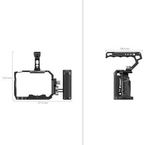 The SmallRig 3669 Advanced Kit for the Sony A7 IV / A7S III is a black camera cage with a textured handle, side grip and top mount. The front and side dimensions in the picture are 176.5 mm high, 211.5 mm wide and 135.0 mm deep.