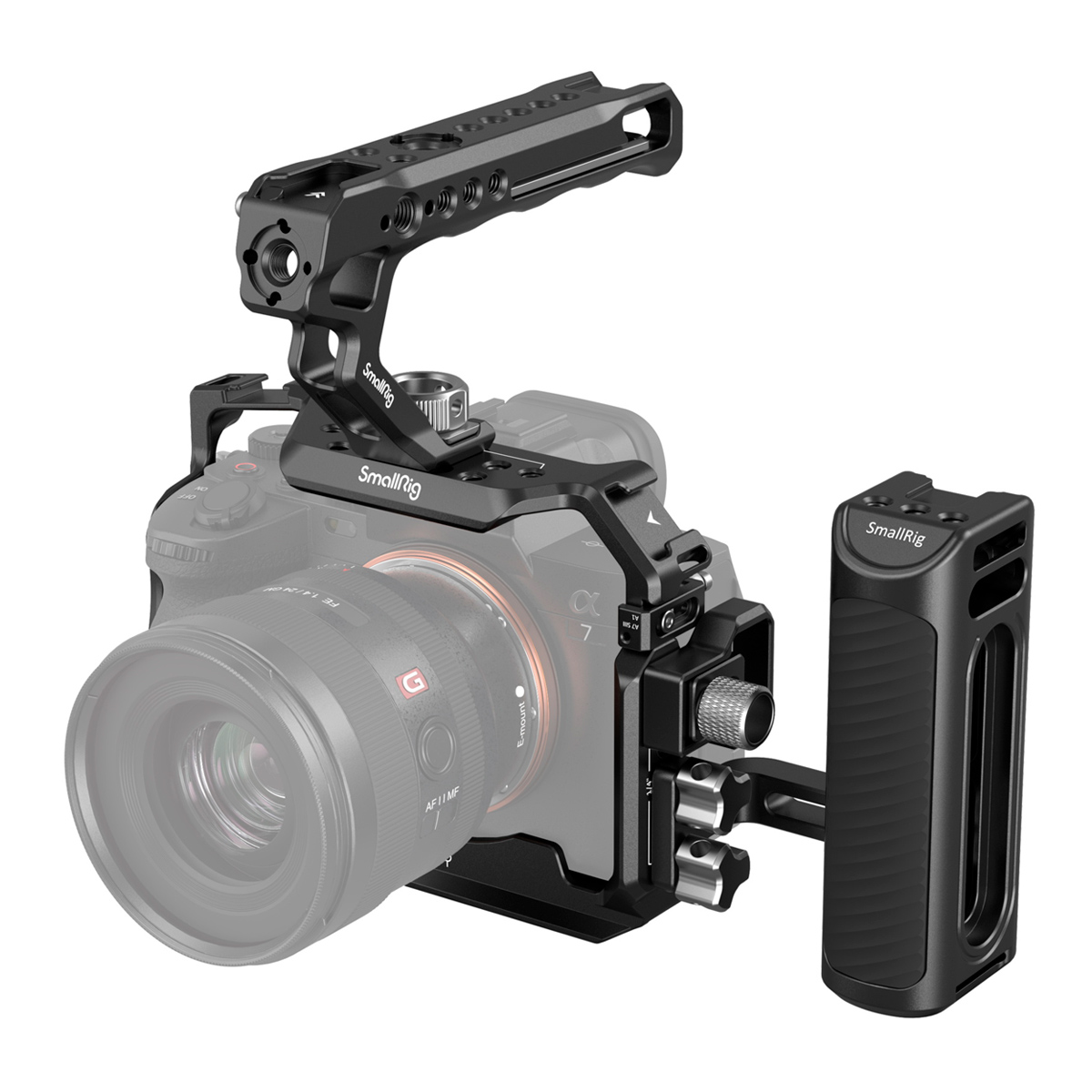 The SmallRig 3669 Advanced Kit for Sony A7 IV / A7S III contains the digital camera in a protective metal cage with top handle and removable side handle for better handling and attaching accessories.