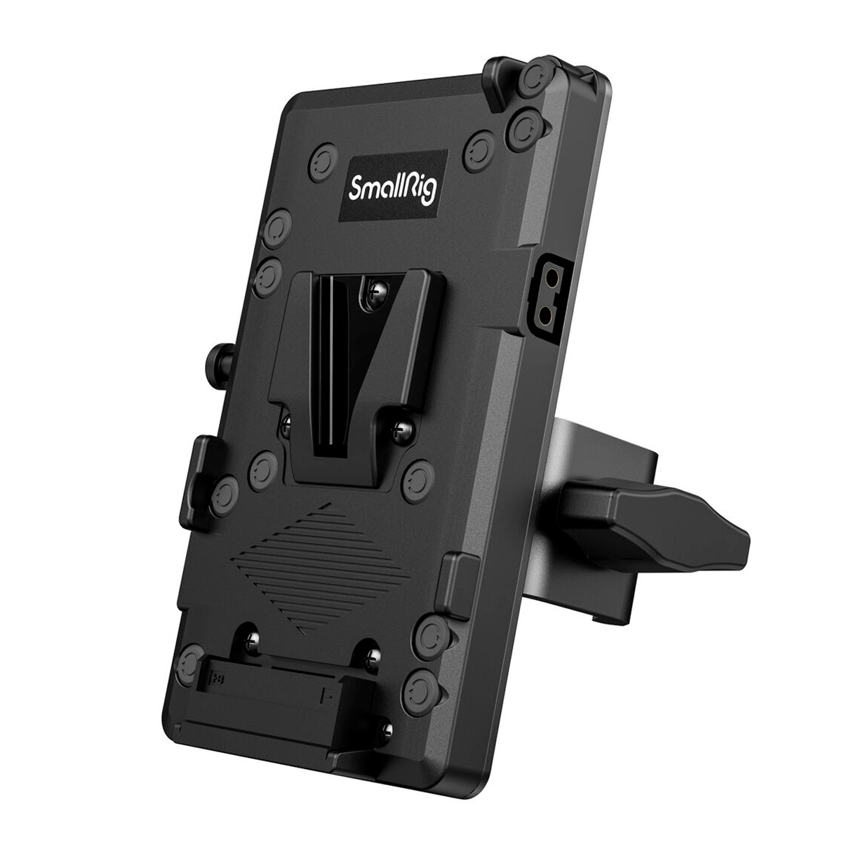 SmallRig 3676 RA V1 V-Mount Battery Plate on musta levy, jossa on useita kiinnityspisteitä, tuotemerkin logo ja kiinnitin akkujen kiinnittämiseen kamerarigiin. Se on kuvattu kulmikkaasti valkoisella pohjalla.